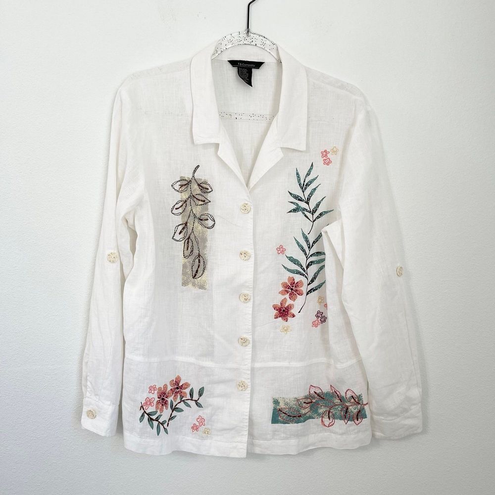 Vintage T & Company Linen/Cotton Embroidered Button Front Shirt L Granny Core